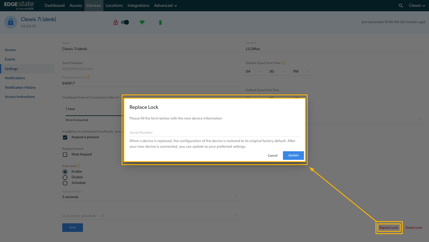 Replacing Your RemoteLock From The Device Settings Page